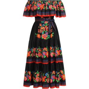 Vestido mexicano de verano bohemio con estampado floral y hombros descubiertos